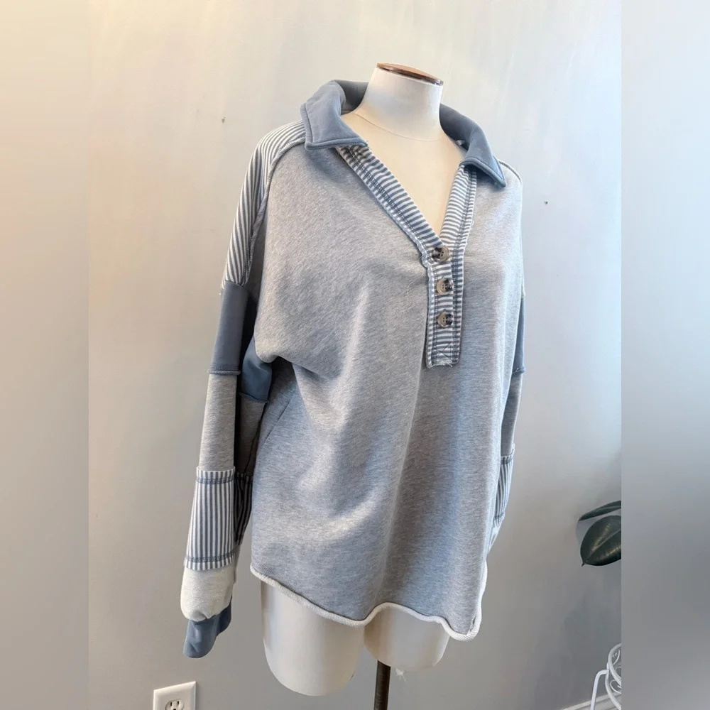 Effortless style Blue and Gray patchwork Button-Up Pullover - Picture 2 of 5